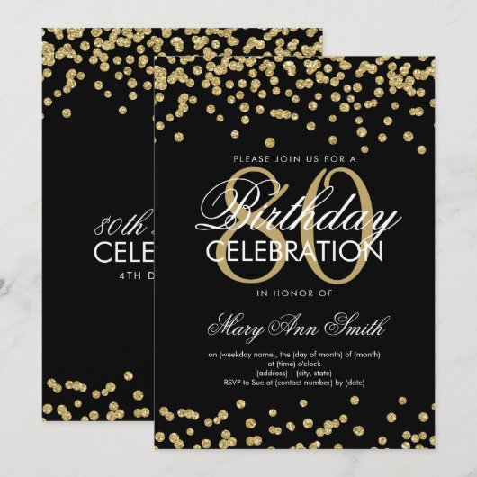 Gold Black 80th Birthday Party Glitter Confetti Kaart (Voorkant / Achterkant)