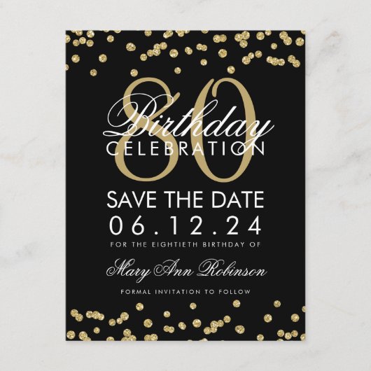 Gold Black 80th Birthday Save Date Confetti Save The Date (Voorkant)