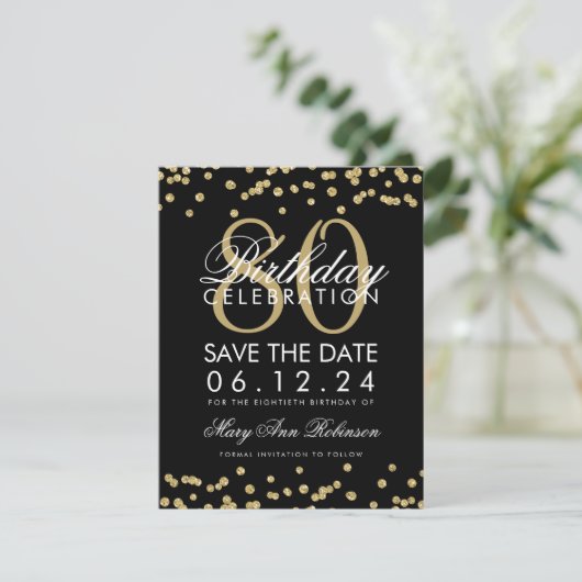 Gold Black 80th Birthday Save Date Confetti Save The Date (Staand voorkant)