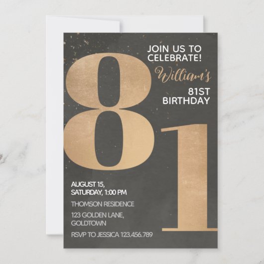 Gold Black 81st Birthday Invitation Kaart (Voorkant)