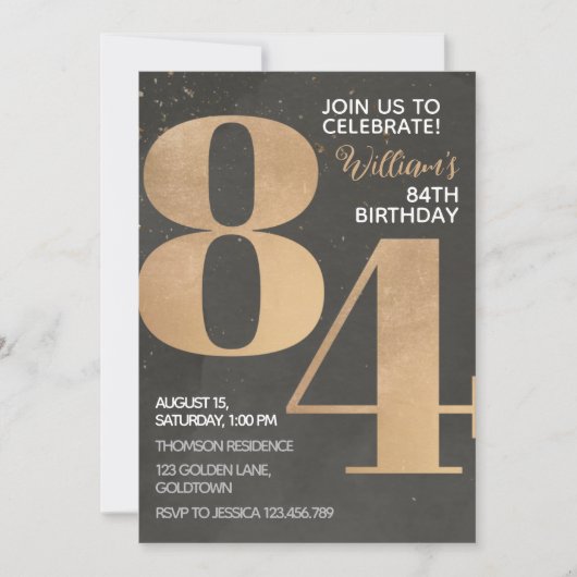 Gold Black 84th Birthday Invitation Kaart (Voorkant)