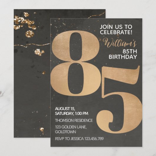 Gold Black 85th Birthday Invitation Kaart (Voorkant / Achterkant)