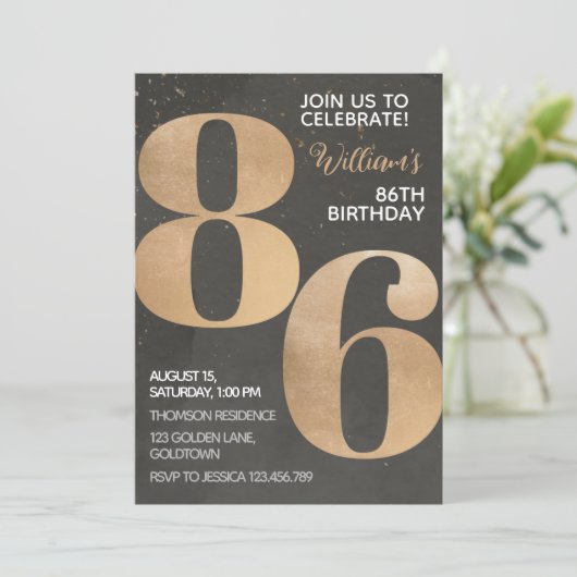 Gold Black 86th Birthday Invitation Kaart (Staand voorkant)