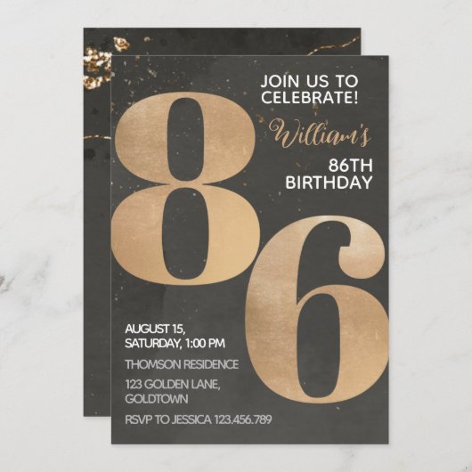 Gold Black 86th Birthday Invitation Kaart (Voorkant / Achterkant)