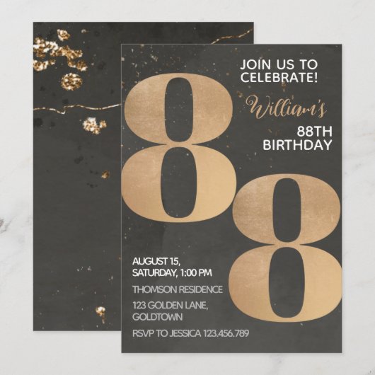 Gold Black 88th Birthday Invitation Kaart (Voorkant / Achterkant)