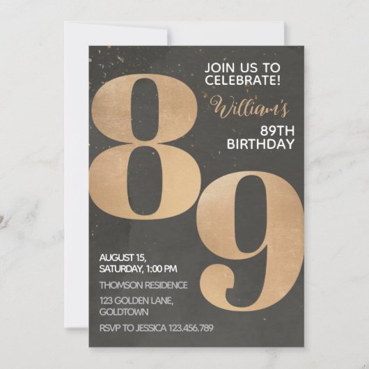 Gold Black 89th Birthday Invitation Kaart (Voorkant)
