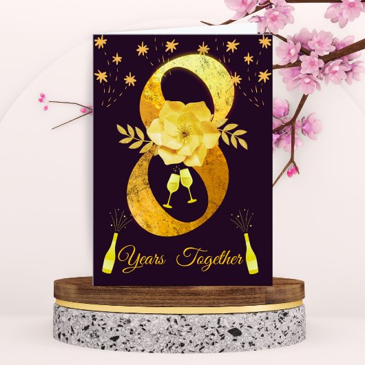 Gold & Black 8th Anniversary Card – Floral Couple Kaart