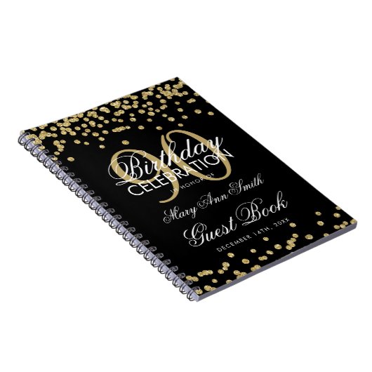 Gold Black 90th Birthday Guest Book Confetti Notitieboek (Rechterzijde)