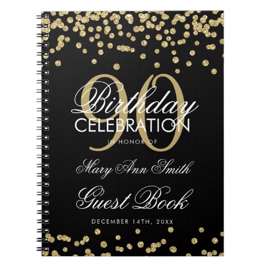 Gold Black 90th Birthday Guest Book Confetti Notitieboek (Voorkant)