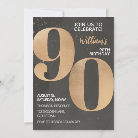 Gold Black 90th Birthday Invitation Kaart (Voorkant)