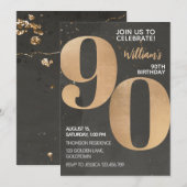Gold Black 90th Birthday Invitation Kaart (Voorkant / Achterkant)