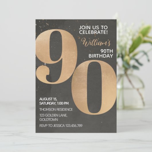 Gold Black 90th Birthday Invitation Kaart (Staand voorkant)