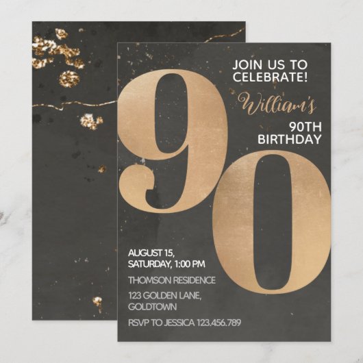 Gold Black 90th Birthday Invitation Kaart (Voorkant / Achterkant)
