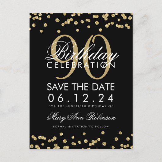 Gold Black 90th Birthday Save Date Confetti Invita Briefkaart (Voorkant)
