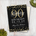 Gold Black 90th Birthday Save Date Confetti Invita Briefkaart<br><div class="desc">Het elegante "90th Birthday Party"-ontwerp met Gold Faux Glitter Confetti Black en aangepaste naam en tekst met details. Eenvoudig te gebruiken en eenvoudig aan te passen. Bestelling vandaag!</div>