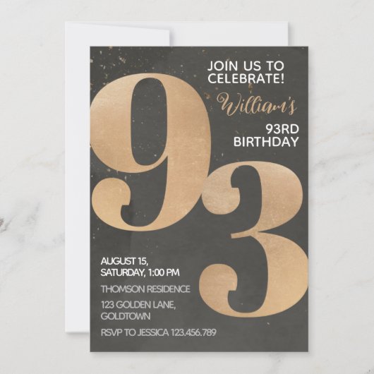 Gold Black 93rd Birthday Invitation Kaart (Voorkant)
