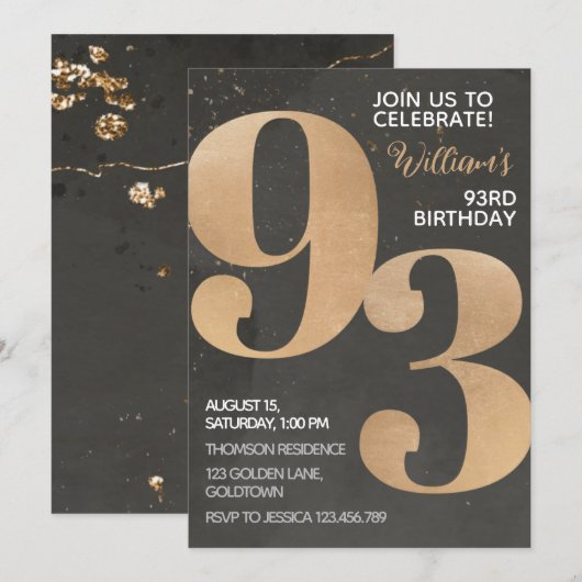 Gold Black 93rd Birthday Invitation Kaart (Voorkant / Achterkant)