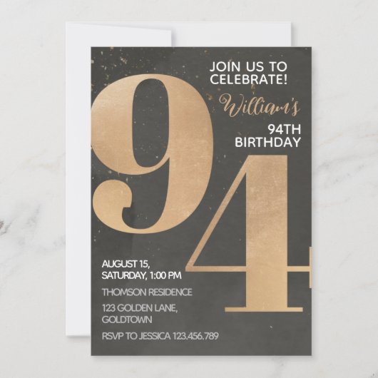 Gold Black 94th Birthday Invitation Kaart (Voorkant)