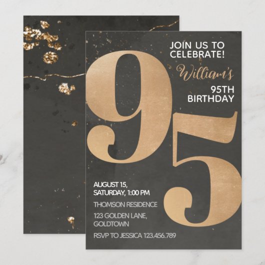 Gold Black 95th Birthday Invitation Kaart (Voorkant / Achterkant)