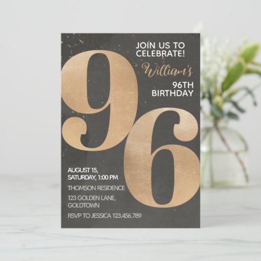 Gold Black 96th Birthday Invitation Kaart (Staand voorkant)