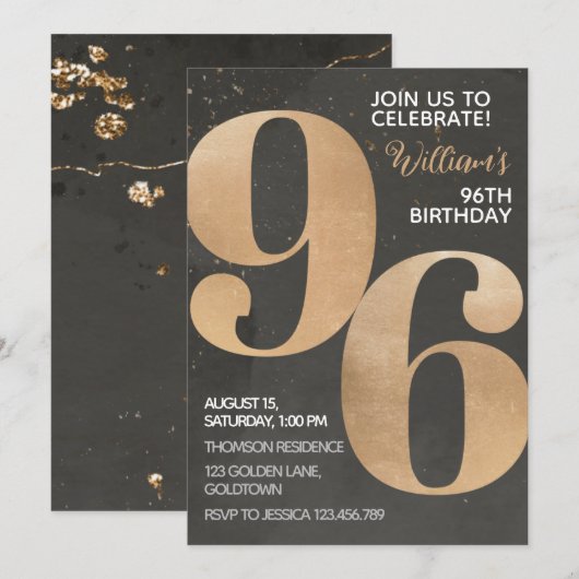 Gold Black 96th Birthday Invitation Kaart (Voorkant / Achterkant)