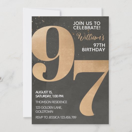 Gold Black 97th Birthday Invitation Kaart (Voorkant)