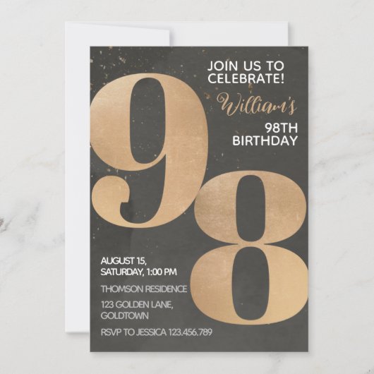 Gold Black 98th Birthday Invitation Kaart (Voorkant)