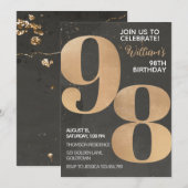 Gold Black 98th Birthday Invitation Kaart (Voorkant / Achterkant)