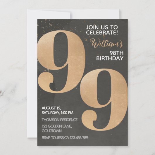 Gold Black 99th Birthday Invitation Kaart (Voorkant)