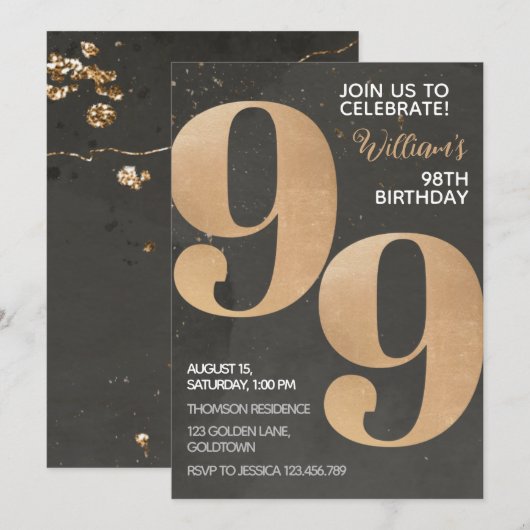 Gold Black 99th Birthday Invitation Kaart (Voorkant / Achterkant)