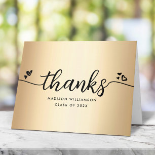 Gold Black Afstuderen Modern Elegant Script Height Bedankkaart