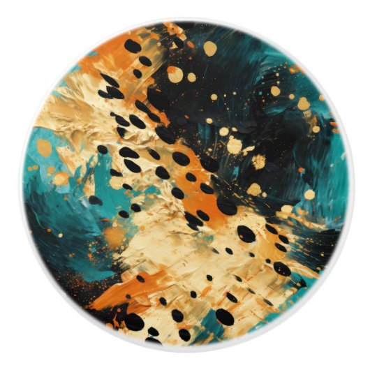 Gold Black Aqua Sinaasappel Leopard Abstract Keramische Knop (Voorkant)