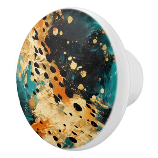 Gold Black Aqua Sinaasappel Leopard Abstract Keramische Knop (Rechts)