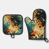 Gold Black Aqua Sinaasappel Leopard Abstract Ovenwant & Pannenlap Set (Voorkant)