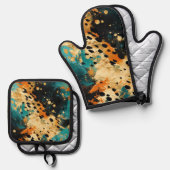 Gold Black Aqua Sinaasappel Leopard Abstract Ovenwant & Pannenlap Set (Voorkant / Achterkant)