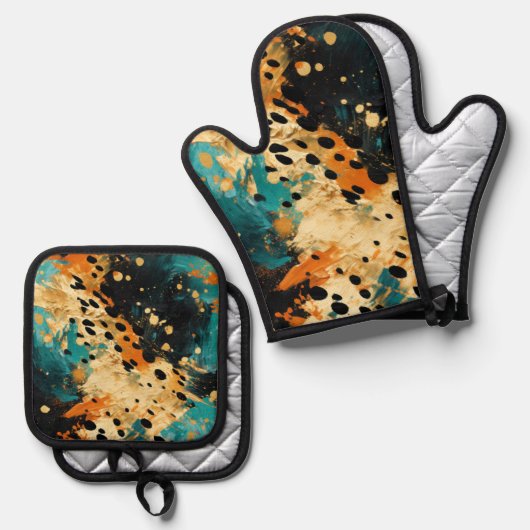 Gold Black Aqua Sinaasappel Leopard Abstract Ovenwant & Pannenlap Set (Voorkant / Achterkant)