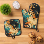 Gold Black Aqua Sinaasappel Leopard Abstract Ovenwant & Pannenlap Set (Top down)