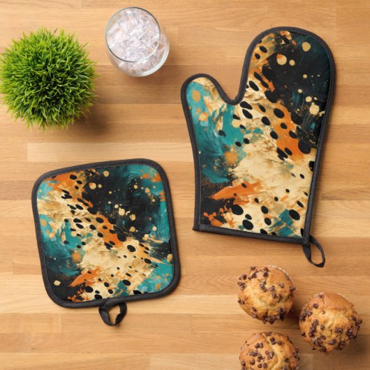 Gold Black Aqua Sinaasappel Leopard Abstract Ovenwant & Pannenlap Set (Top down)