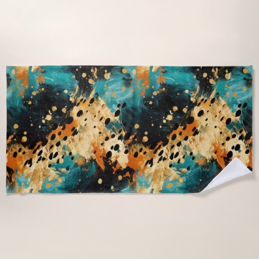Gold Black Aqua Sinaasappel Leopard Abstract Strandlaken (Voorkant)