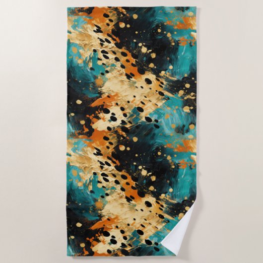 Gold Black Aqua Sinaasappel Leopard Abstract Strandlaken (Voorkant)