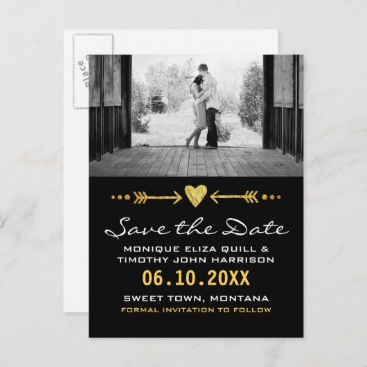 Gold Black Arrows Wedding Heart Kaart Save the Dat (Voorkant / Achterkant)