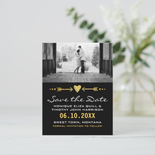 Gold Black Arrows Wedding Heart Kaart Save the Dat (Staand voorkant)