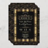 Gold Black Art Deco 1920s Style Wedding Kaart (Voorkant / Achterkant)