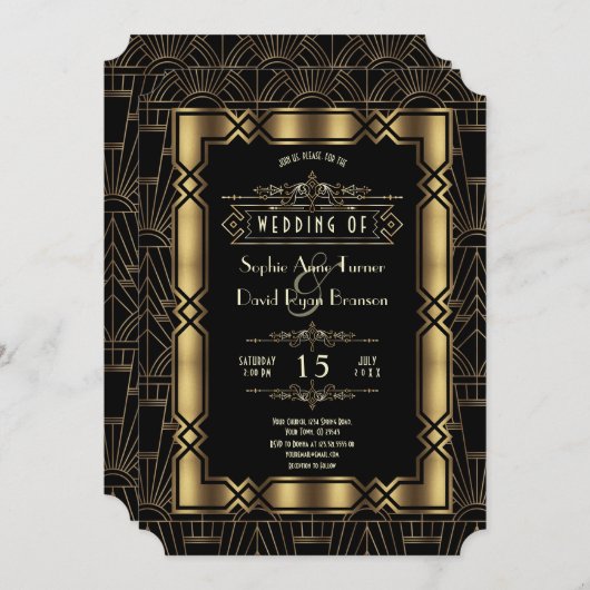 Gold Black Art Deco 1920s Style Wedding Kaart (Voorkant / Achterkant)
