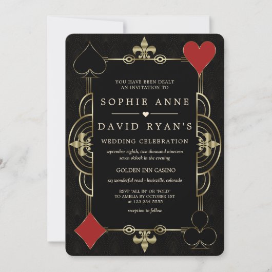 Gold Black Art Deco Casino Vegas Poker Wedding Kaart (Voorkant)