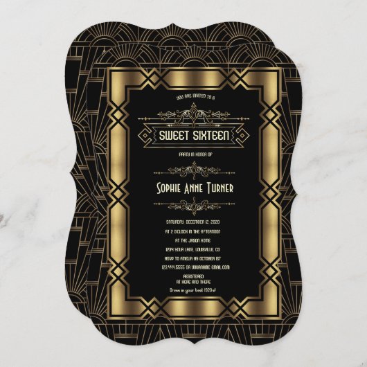 Gold Black Art Deco Gatsby 1920s Sweet Sixteen Kaart (Voorkant / Achterkant)
