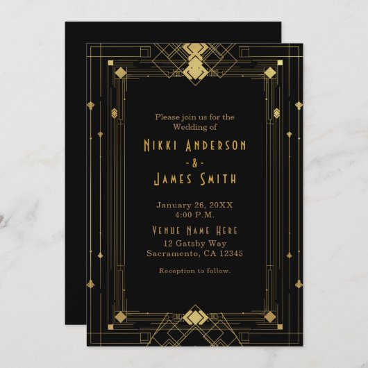 Gold & Black Art Deco Gatsby Roaring 20 elegant Kaart (Voorkant / Achterkant)