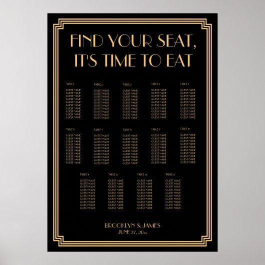 Gold Black Art Deco Wedding Seating Chart 20x28 Poster (Voorkant)