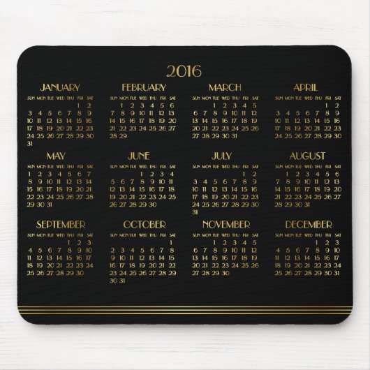 Gold Black Art Deco Yarly Calendar 2016 Mousepad Muismat (Voorkant)
