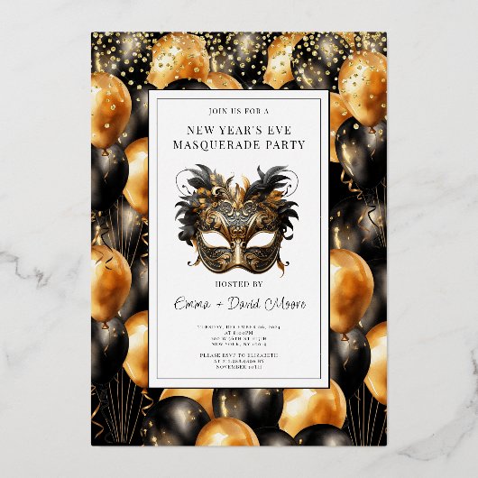 Gold Black Balloon Nieuwjaarsfeest Folie Uitnodiging (Voorkant)